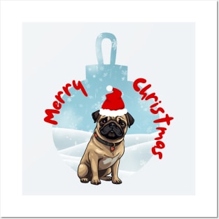 Merry Christmas with Santa Pug Dog in Wintery Xmas Bauble Posters and Art